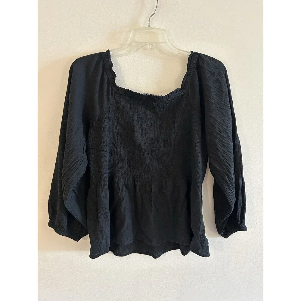 Madewell Lucie Puff Sleeve Black Cotton Peplum Top Size 6
